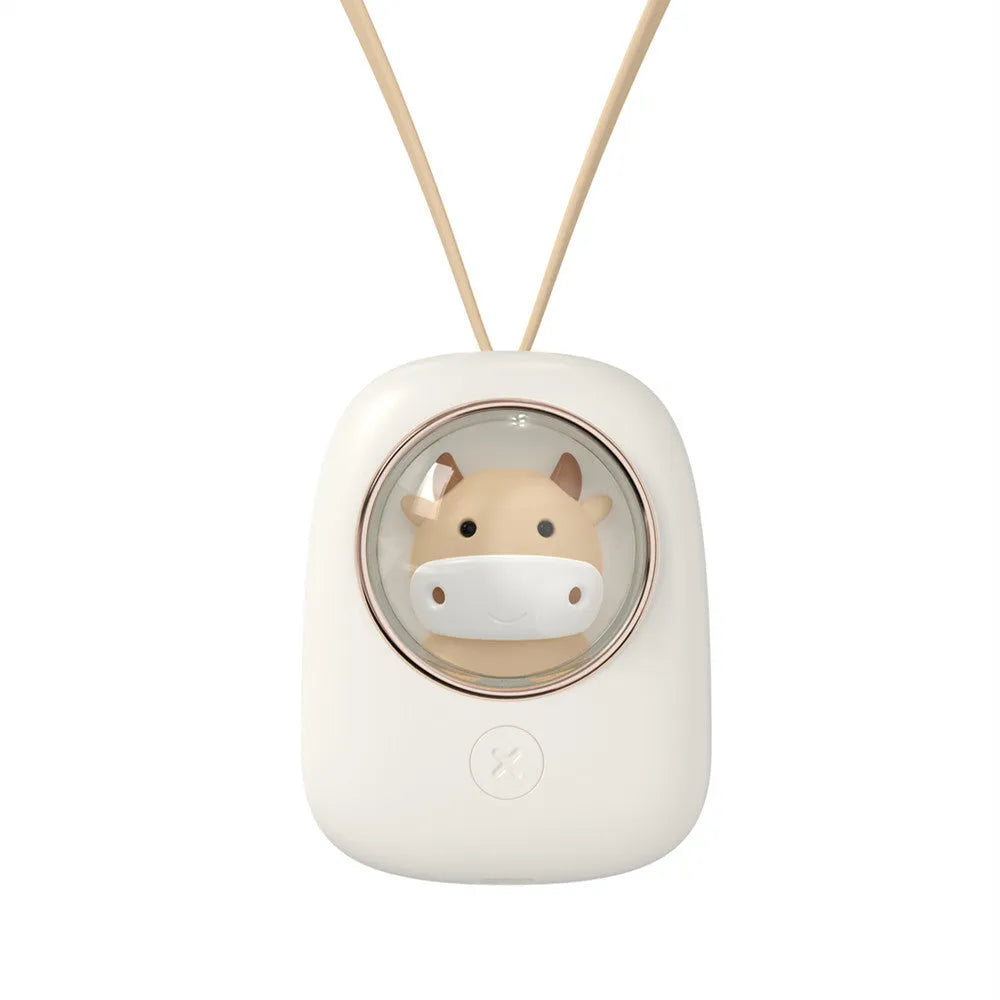 Hanging neck personal cooling fan with USB charging cable and animal-themed design in three colour options