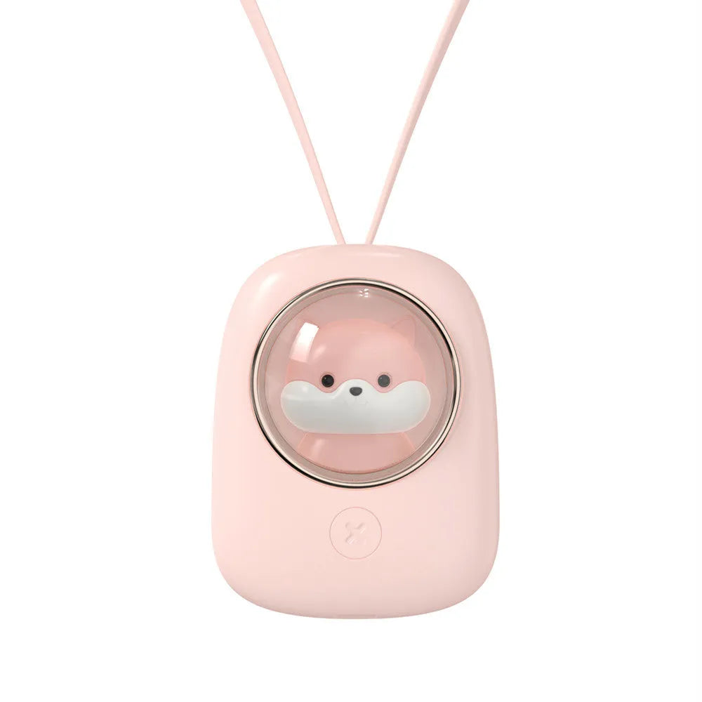 Hanging neck personal cooling fan with USB charging cable and animal-themed design in three colour options