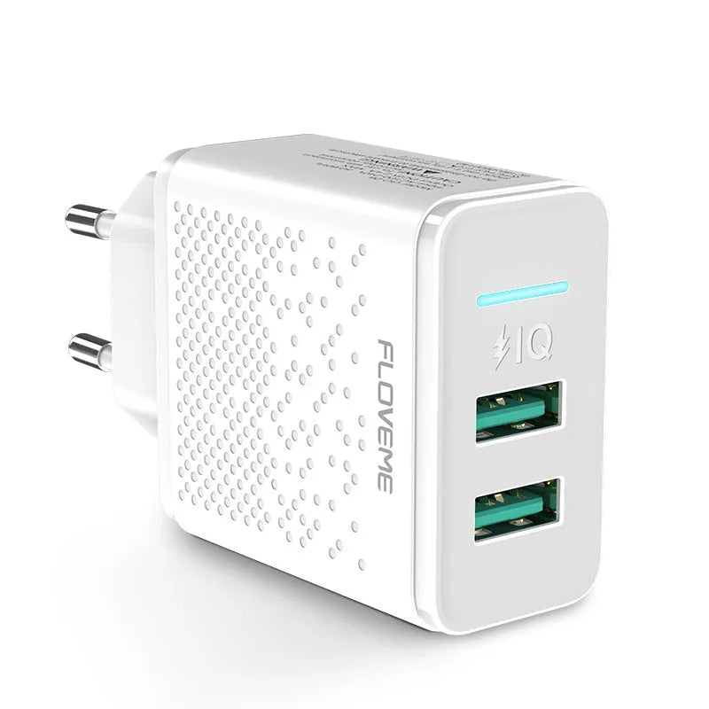 Black and white dual USB charger with EU plug for wall socket charging