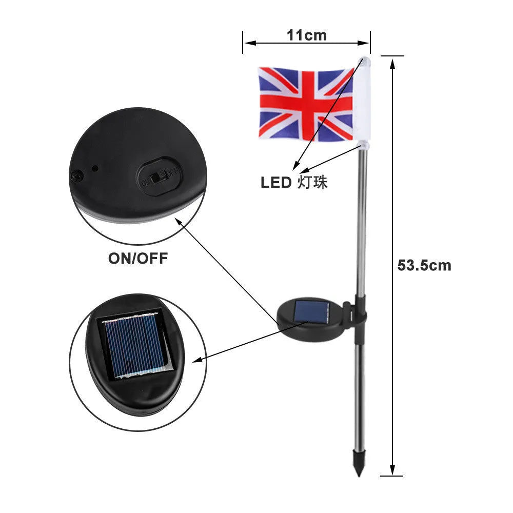 Solar-powered garden flag light showing American flag design on waterproof fabric with stainless steel pole