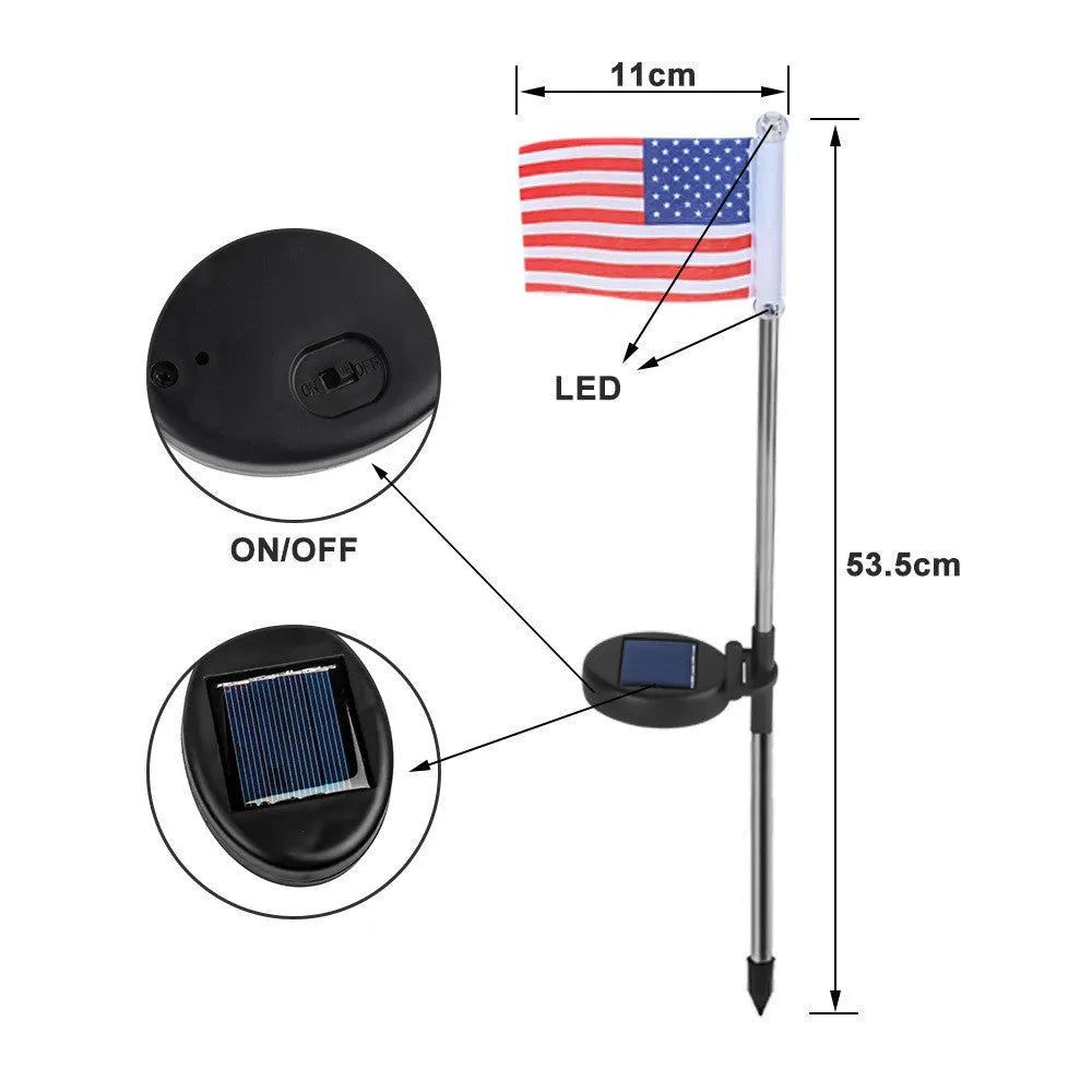Solar-powered garden flag light showing American flag design on waterproof fabric with stainless steel pole