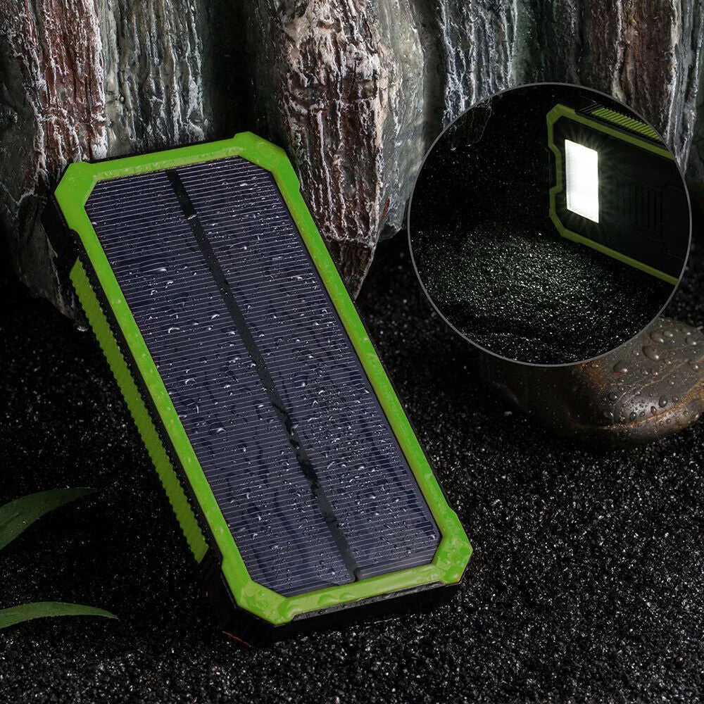 Factory three proofs solar power bank in orange, yellow, black, and green colours showing size and USB ports.