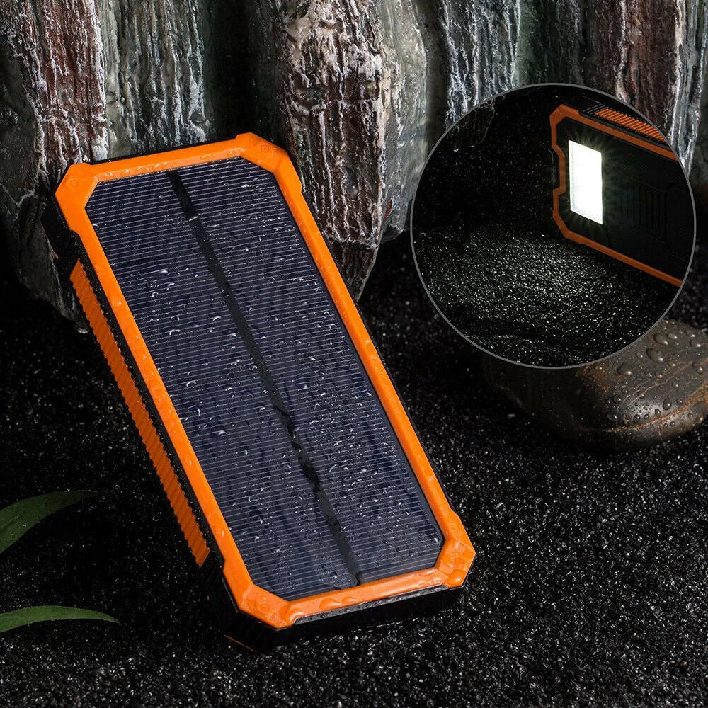 Factory three proofs solar power bank in orange, yellow, black, and green colours showing size and USB ports.