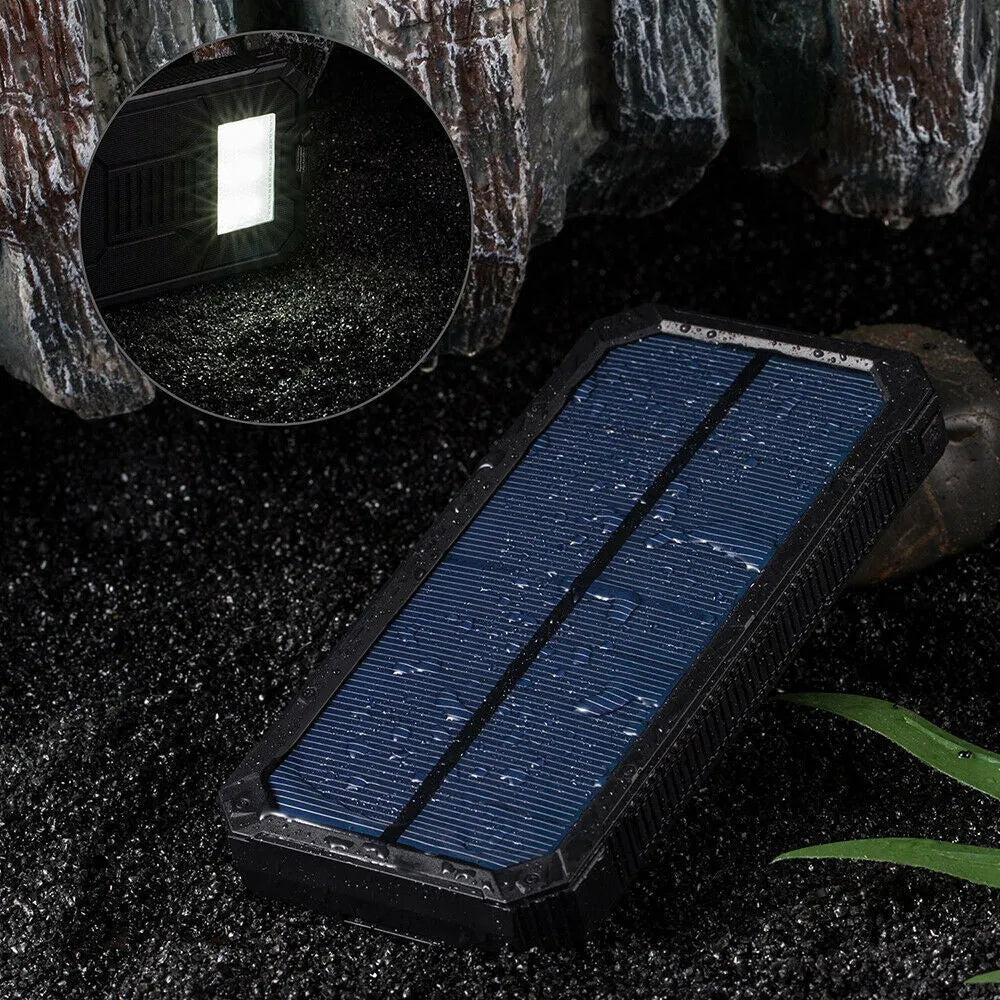 Factory three proofs solar power bank in orange, yellow, black, and green colours showing size and USB ports.