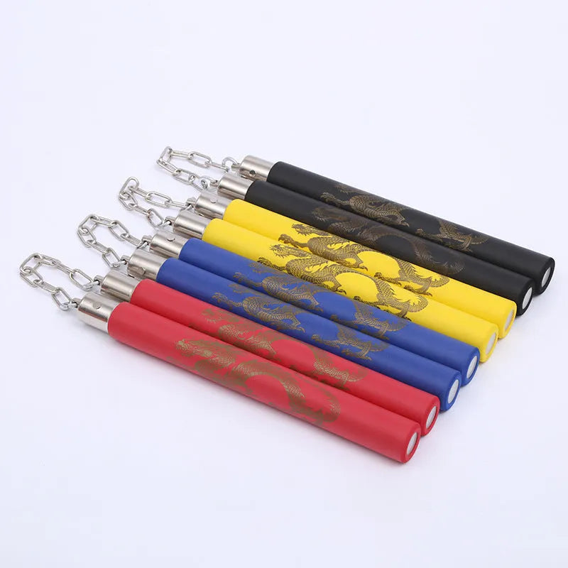 Red sponge nunchakus showing 28cm EVA foam-covered sticks connected by iron chain for martial arts training