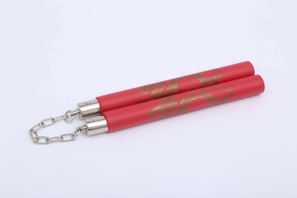 Red sponge nunchakus showing 28cm EVA foam-covered sticks connected by iron chain for martial arts training