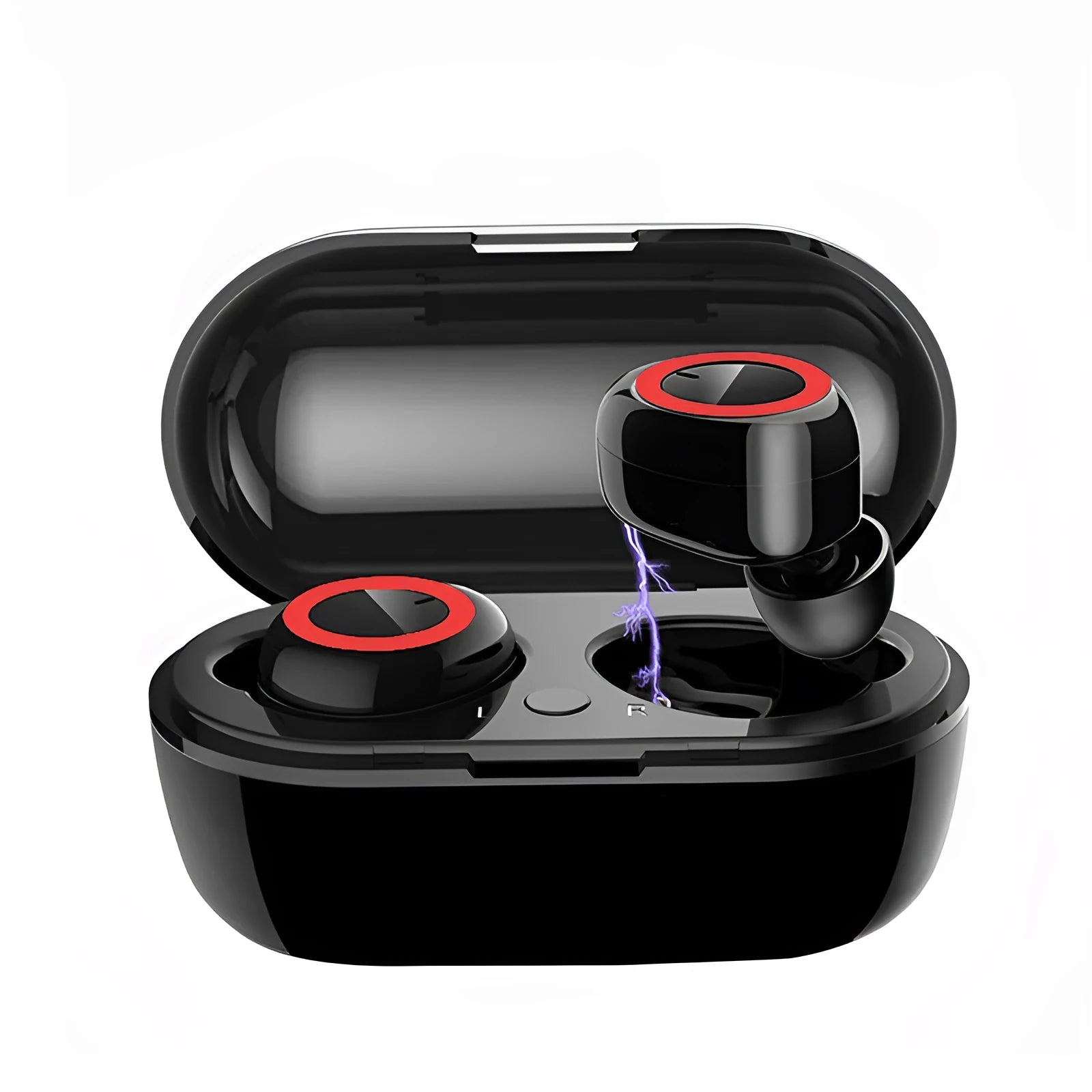 Black and red TWS wireless Bluetooth earbuds with earplug type design placed next to their charging case.