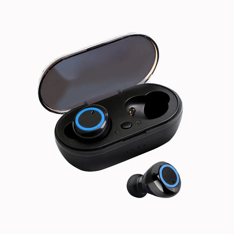 Black and red TWS wireless Bluetooth earbuds with earplug type design placed next to their charging case.