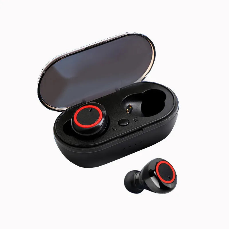 Black and red TWS wireless Bluetooth earbuds with earplug type design placed next to their charging case.