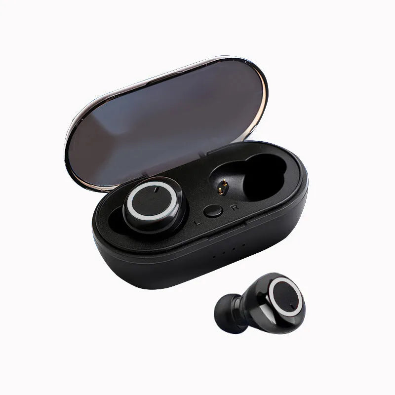 Black and red TWS wireless Bluetooth earbuds with earplug type design placed next to their charging case.