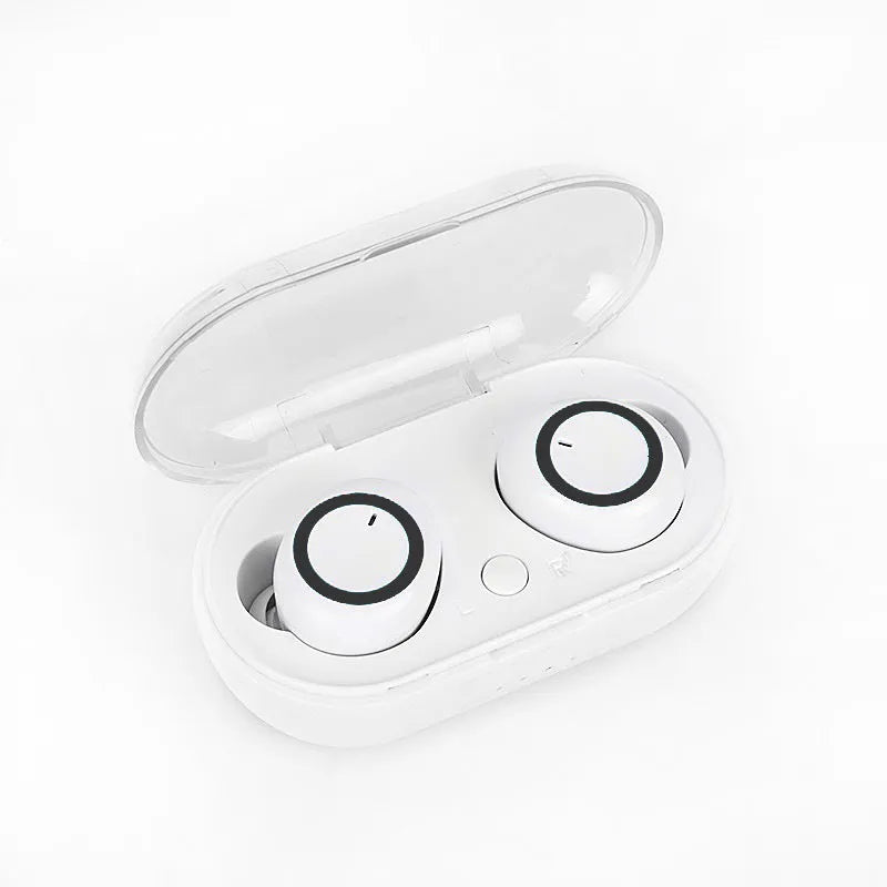 Black and red TWS wireless Bluetooth earbuds with earplug type design placed next to their charging case.