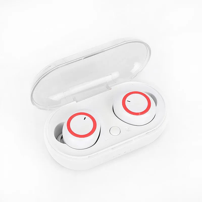 Black and red TWS wireless Bluetooth earbuds with earplug type design placed next to their charging case.