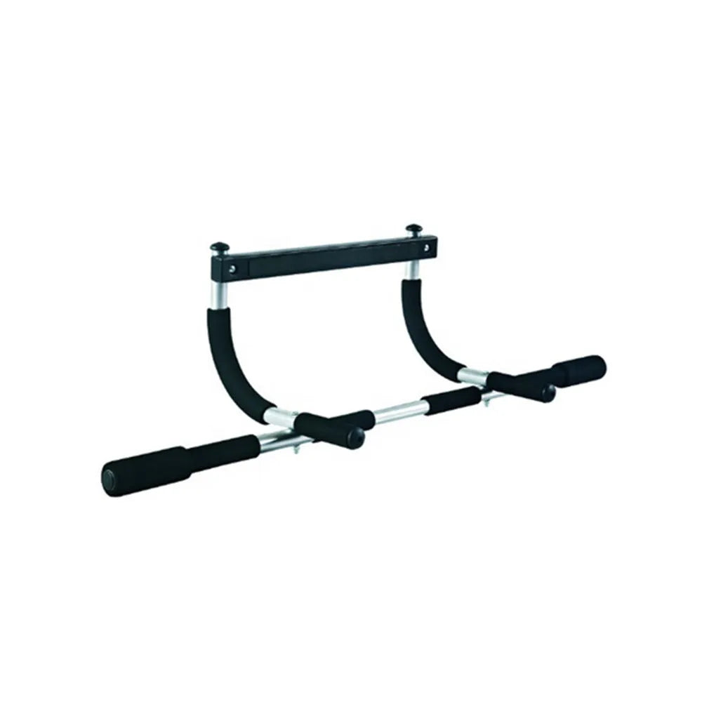 Black adjustable indoor pull-up bar with steel construction mounted on wall
