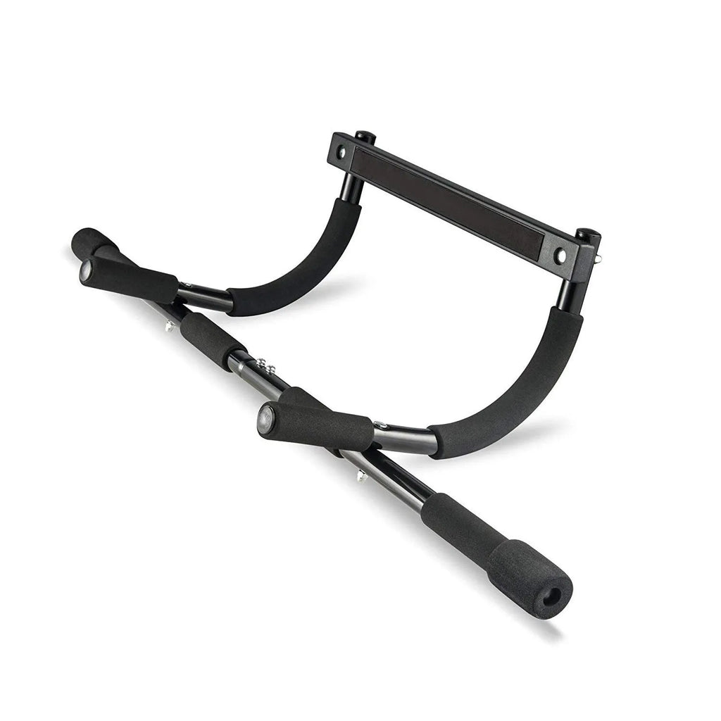 Black adjustable indoor pull-up bar with steel construction mounted on wall