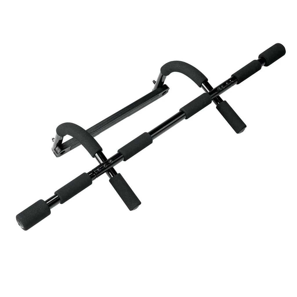 Black adjustable indoor pull-up bar with steel construction mounted on wall