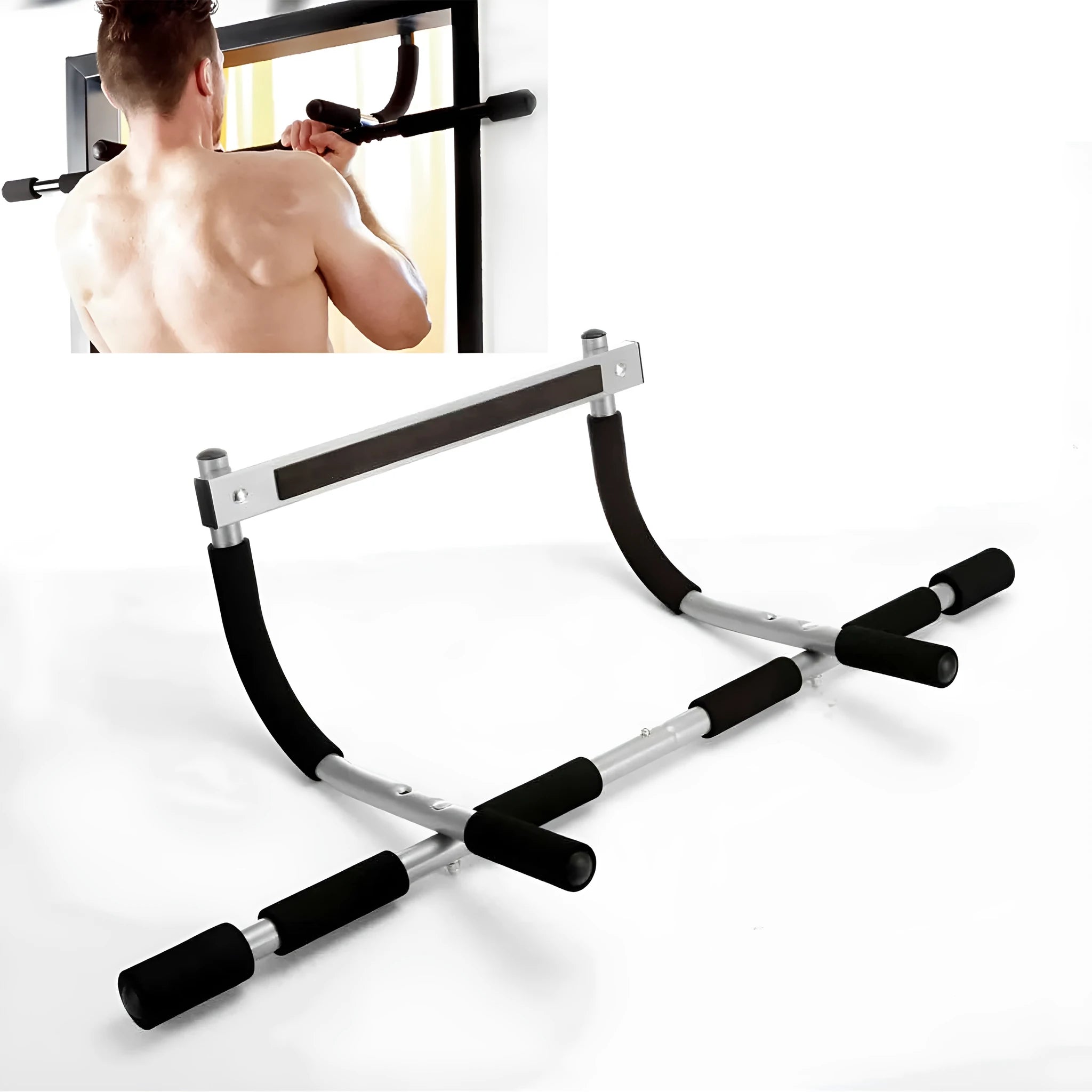 Black adjustable indoor pull-up bar with steel construction mounted on wall