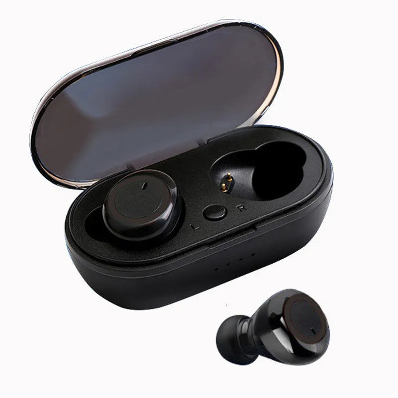 Black and red TWS wireless Bluetooth earbuds with earplug type design placed next to their charging case.