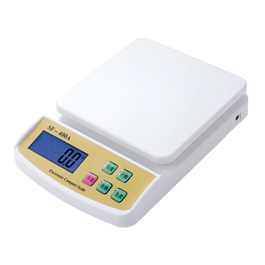 Electronic kitchen scale with digital display showing weight measurement for baking ingredients