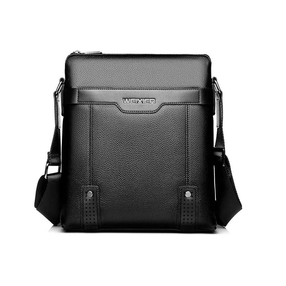 Black PU leather men's shoulder bag with zipper closure and single strap