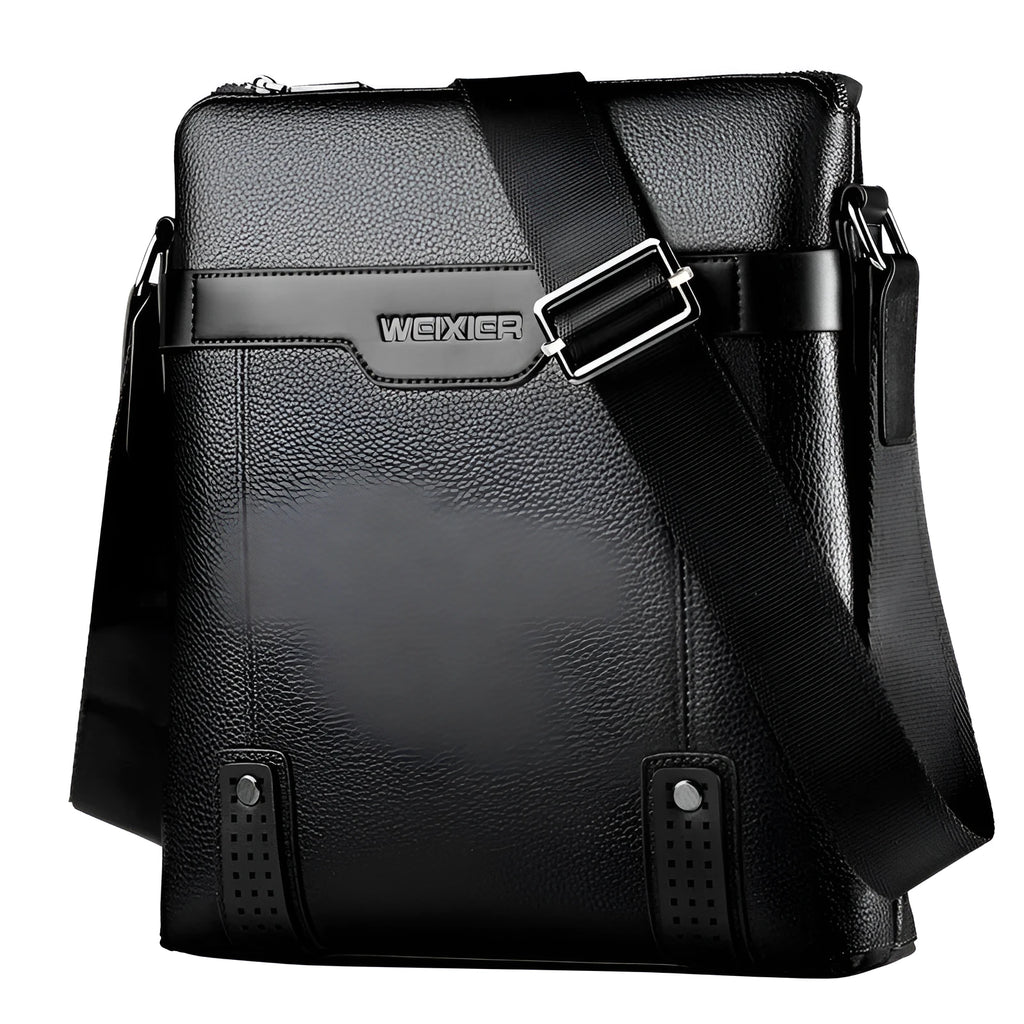 Black PU leather men's shoulder bag with zipper closure and single strap