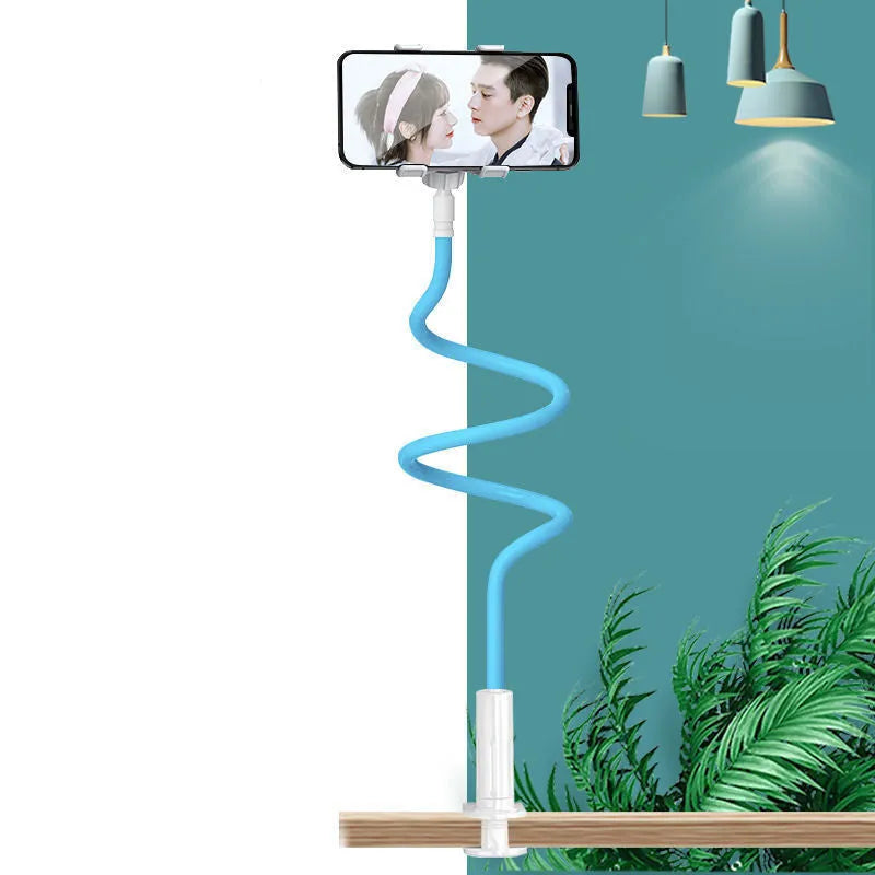 Blue mobile phone holder with flexible memory alloy hose attached to bedside