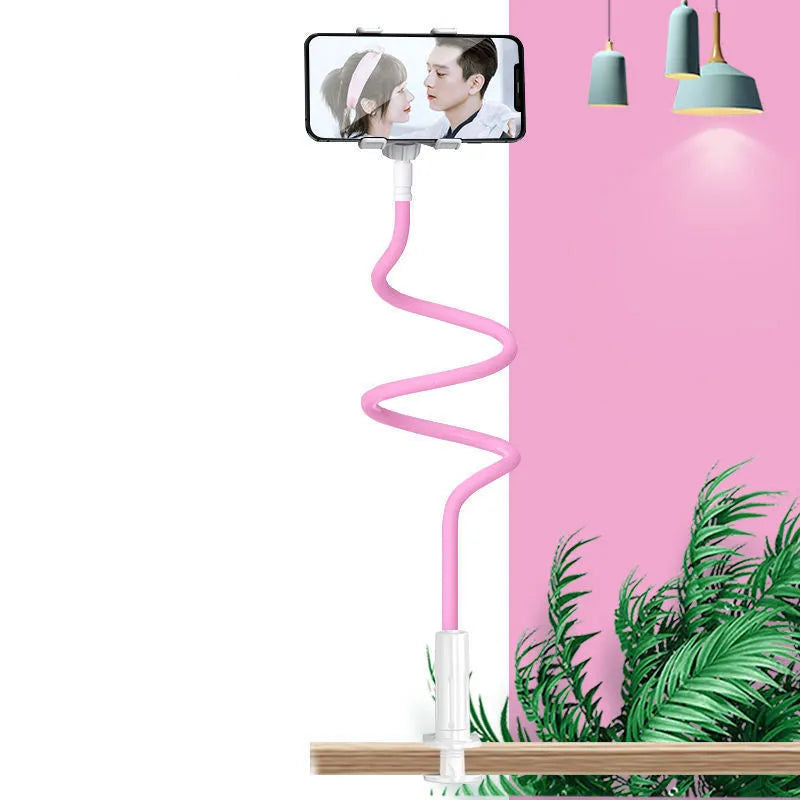Blue mobile phone holder with flexible memory alloy hose attached to bedside
