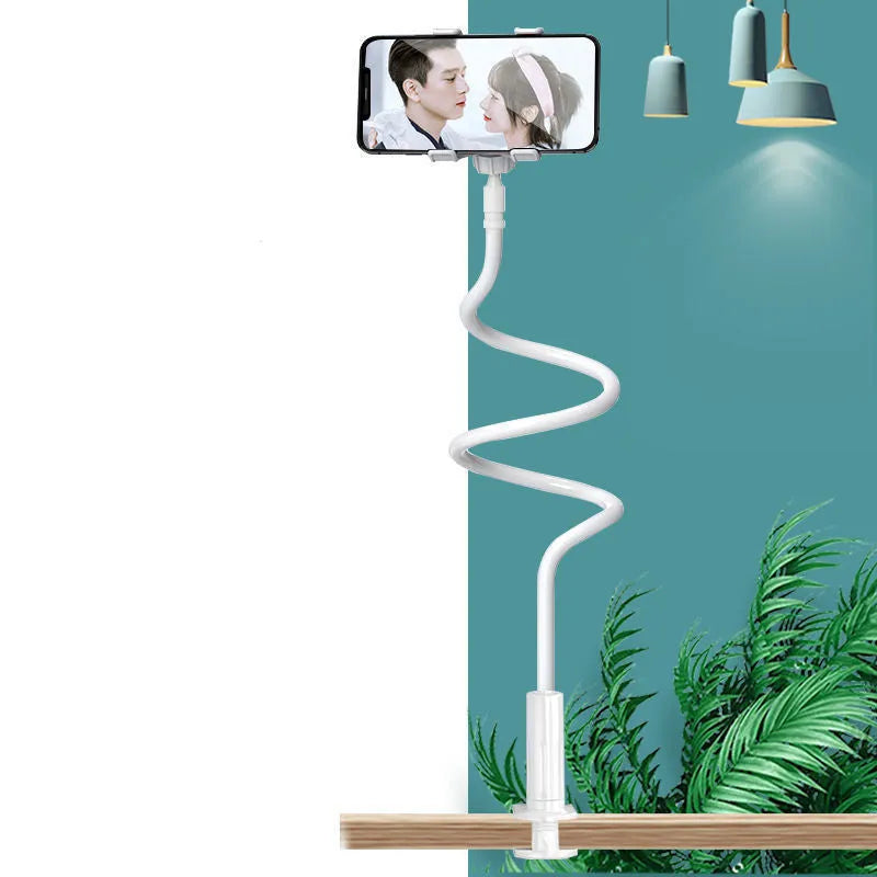 Blue mobile phone holder with flexible memory alloy hose attached to bedside
