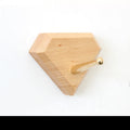 Solid beech wood adhesive wall hook with brass hook, shown in round, capsule, oval, diamond, and square shapes.