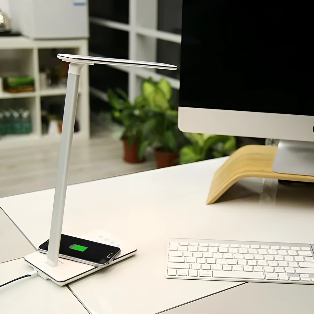 Wireless charging desk lamp with touch control in black or white colour with aluminium and plastic shade