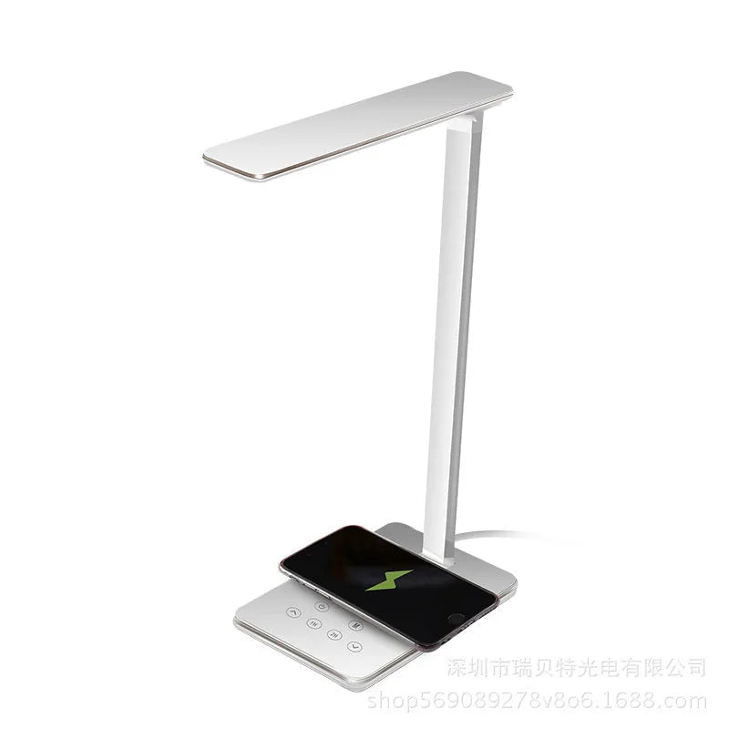 Wireless charging desk lamp with touch control in black or white colour with aluminium and plastic shade