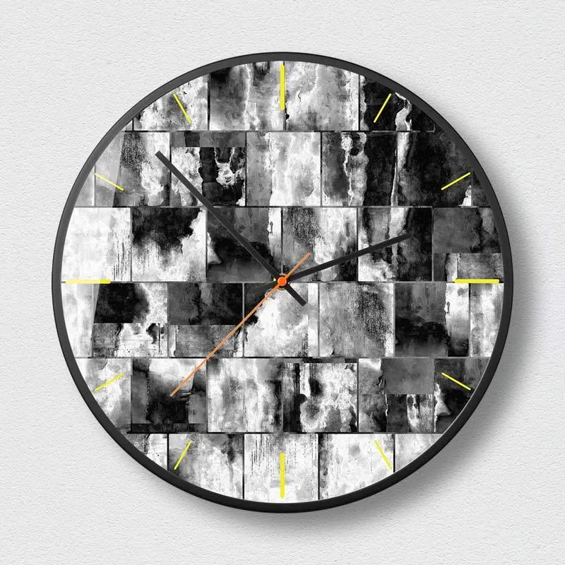 Round abstract art wall clock in Mysterious Black with metal case and sweep movement