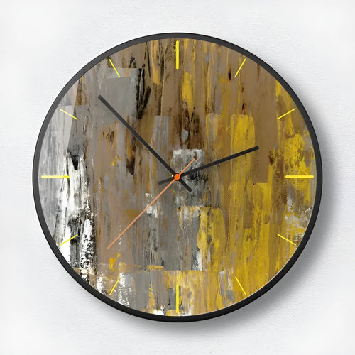 Round abstract art wall clock in Mysterious Black with metal case and sweep movement