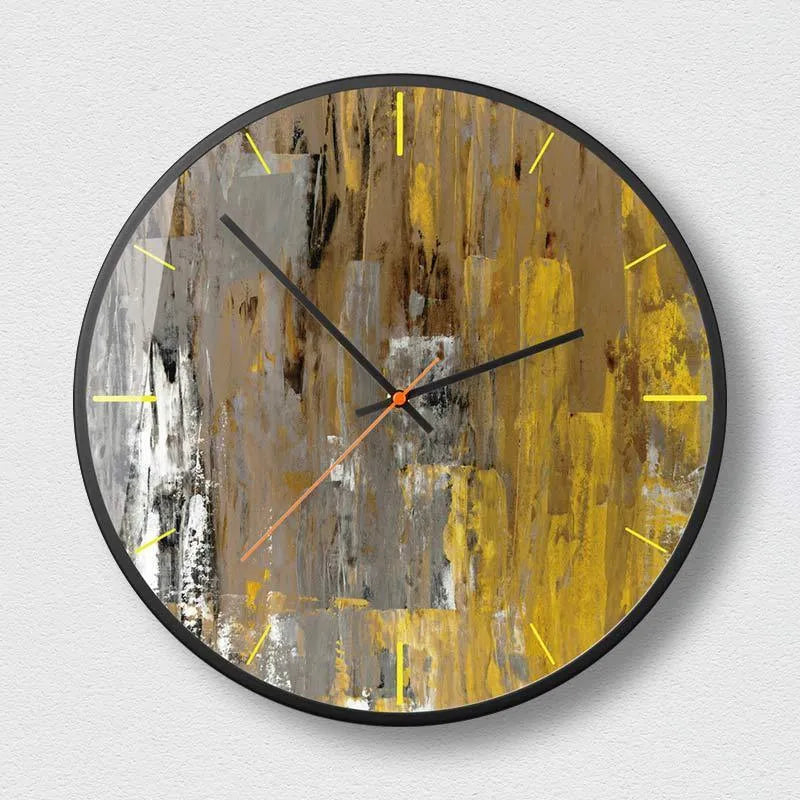 Round abstract art wall clock in Mysterious Black with metal case and sweep movement