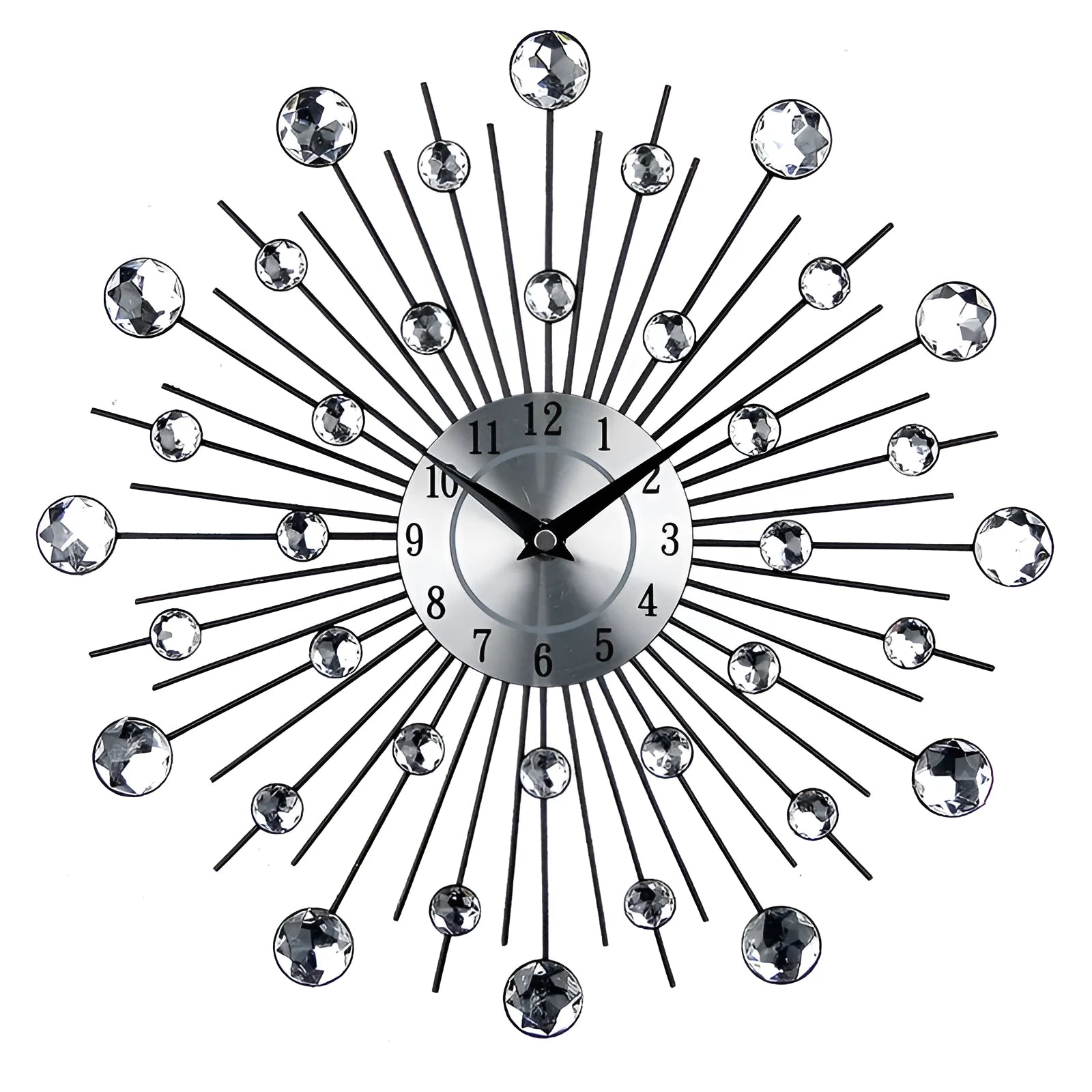 33cm round silver wall clock with metal frame and aluminium dial showing silent quartz movement
