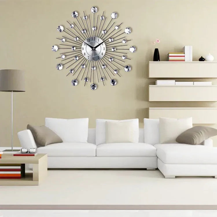 33cm round silver wall clock with metal frame and aluminium dial showing silent quartz movement
