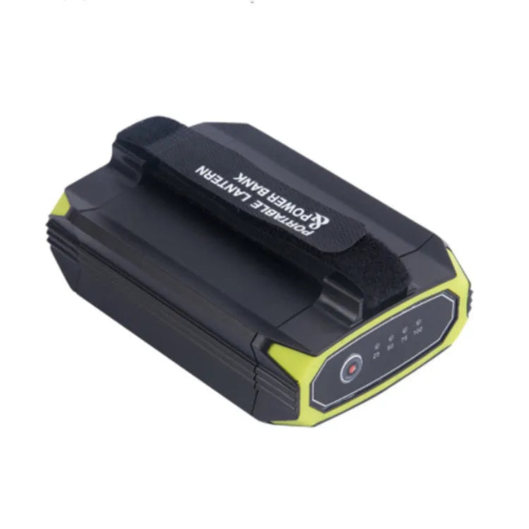 Green aluminium alloy rechargeable camping light with LED array and USB port.