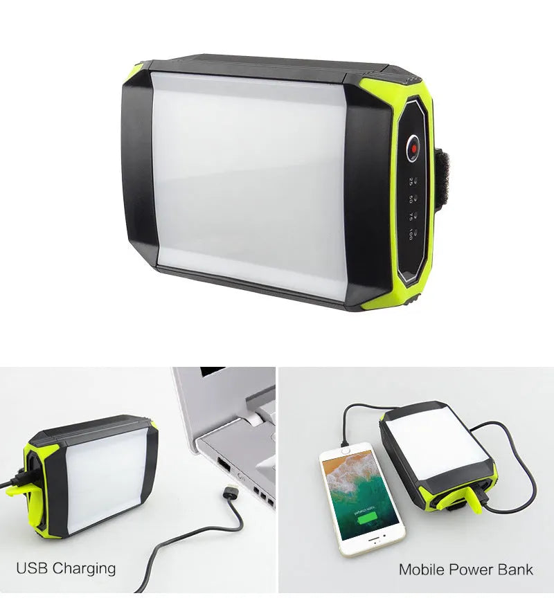 Green aluminium alloy rechargeable camping light with LED array and USB port.
