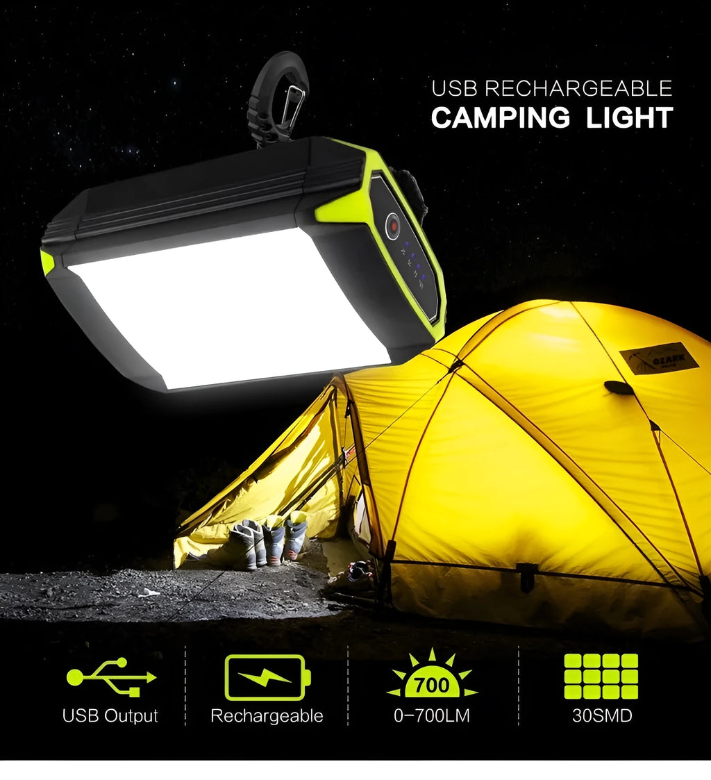 Green aluminium alloy rechargeable camping light with LED array and USB port.