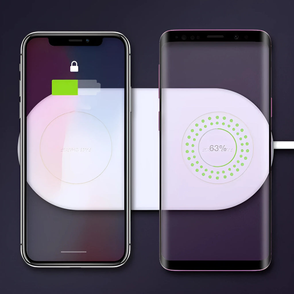 White dual wireless charging station for two mobile phones with LED indicator