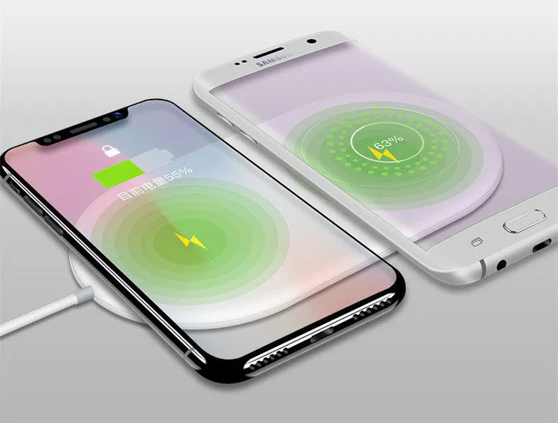 White dual wireless charging station for two mobile phones with LED indicator