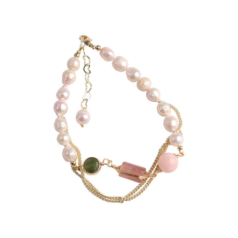 Geometric women's bracelet with natural freshwater pearls and pink strawberry crystals, UG309 colour code.