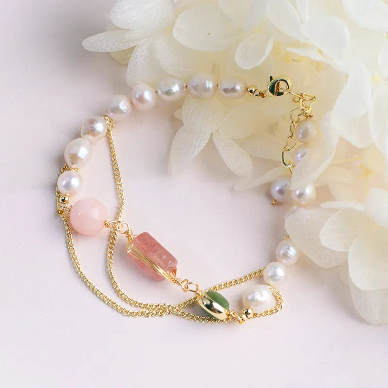 Geometric women's bracelet with natural freshwater pearls and pink strawberry crystals, UG309 colour code.