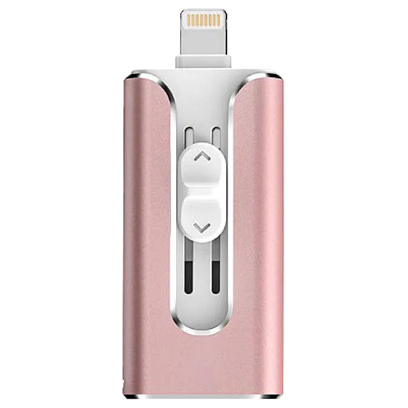 Metal USB flash drive with both Lightning and USB connectors in black silver gold colour options