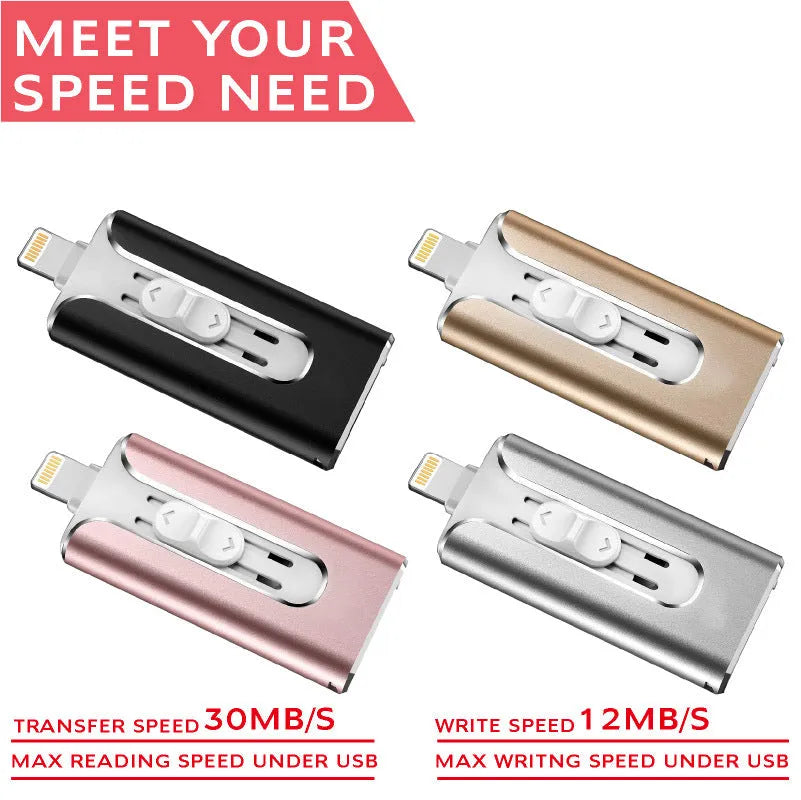 Metal USB flash drive with both Lightning and USB connectors in black silver gold colour options