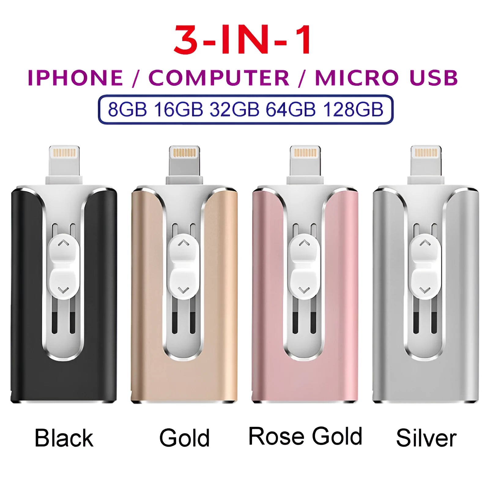 Metal USB flash drive with both Lightning and USB connectors in black silver gold colour options