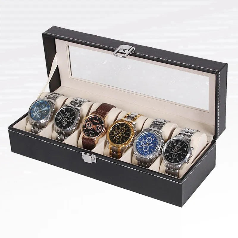 Black wooden watch display box with internal compartment for a single timepiece.