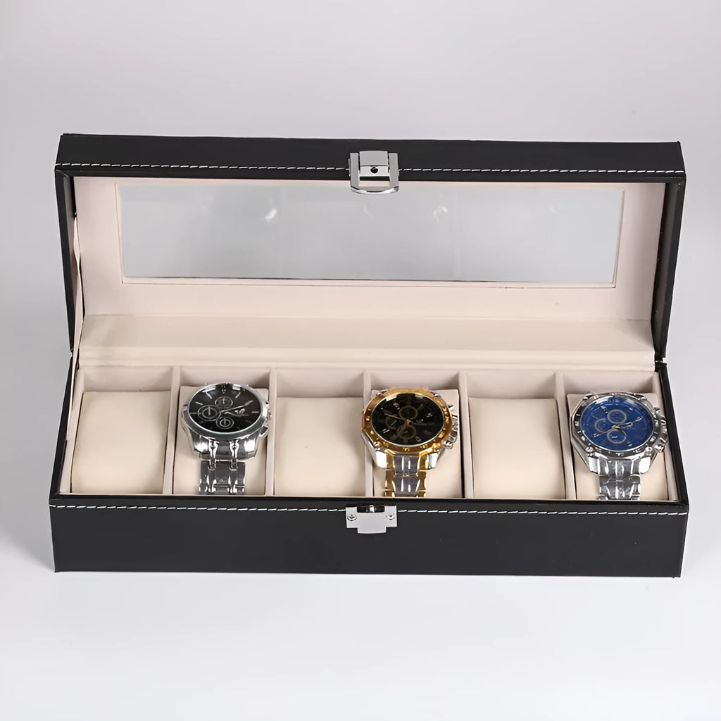 Black wooden watch display box with internal compartment for a single timepiece.