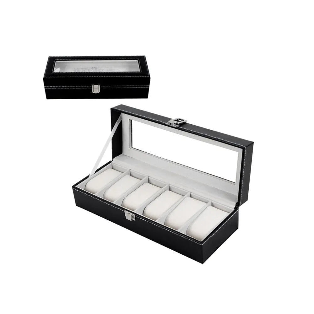Black wooden watch display box with internal compartment for a single timepiece.