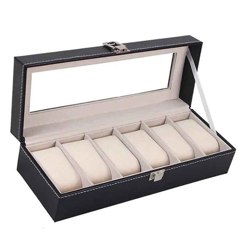 Black wooden watch display box with internal compartment for a single timepiece.