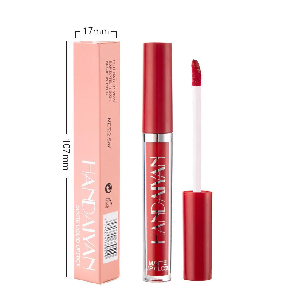 HANDAIYAN matte non-stick cup liquid lipstick in 2.5ml tube, shown in one of 13 available colour styles.